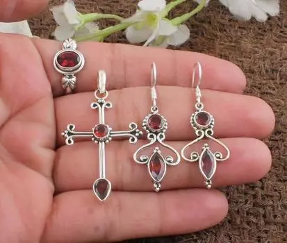 Ювелирные изделия с драгоценными камнями граната, кольцо, серьги, кулон, серебряные ювелирные изделия, дизайнерские украшения, подарки на день рождения, подарок на помолвку, серебро 925 пробы 6 Ring Size