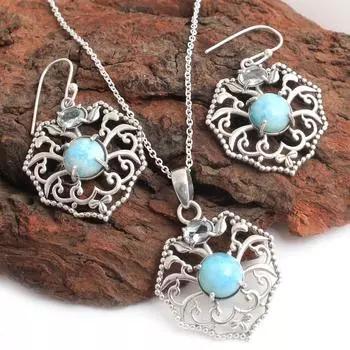 Ювелирные изделия с драгоценными камнями, комплект Larimar Blue Topaz Комплект украшений, серьги ручной работы, женский комплект украшений синий