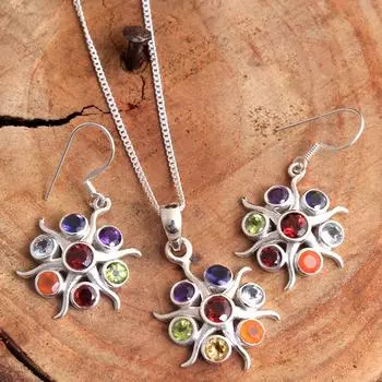 Ювелирные изделия с драгоценными камнями, Комплект украшений из семи камней, Серьги-подвески с чакрами, Ювелирные изделия ручной работы синий