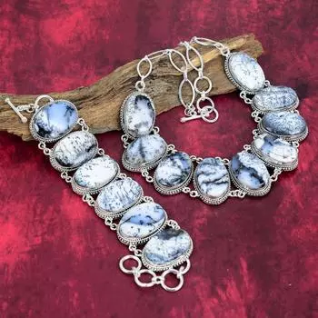 Ювелирные изделия с драгоценными камнями опалами дендритов, ожерелье и браслет ручной работы из цельного серебра 925 пробы, комплект ювелирных изделий с регулируемой цепочкой Adjustable With 8 -18 синий