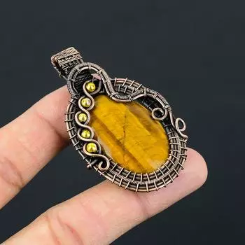 Ювелирные изделия с драгоценными камнями тигрового глаза Чистая медная проволока, обернутая ручной подвеской, подарок для нее 2.52 Inches жёлтый