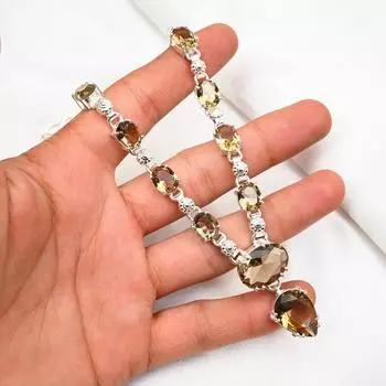 Ювелирные изделия с дымчатым топазом, ожерелье из драгоценных камней ручной работы, ожерелье из стерлингового серебра 925 пробы, антикварные ювелирные изделия, регулируемое ожерелье-цепочка, для подарка на помолвку 18 Inches коричневый