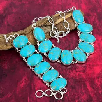 Ювелирные изделия с голубой бирюзой, ожерелье и браслет из стерлингового серебра 925 пробы, прекрасный комплект ювелирных изделий, свадебный подарок, ювелирный подарок из драгоценных камней ручной работы для любви Adjustable With 8 -18 синий