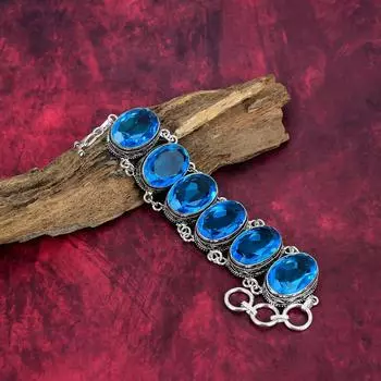 Ювелирные изделия с голубым топазом, браслет из чистого серебра 925 пробы с драгоценными камнями, украшения ручной работы, на День памяти Adjustable with 8 inches синий