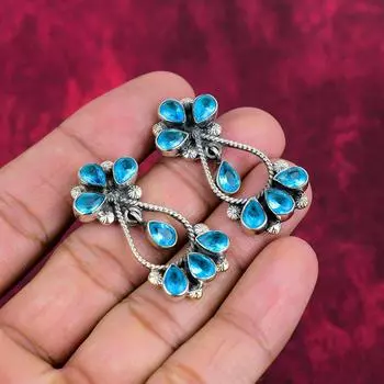 Ювелирные изделия с голубым топазом, серьги ручной работы из цельного серебра 925 пробы, великолепные серьги с топазом для свадебного подарка 1.65 Inches синий