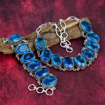 Ювелирные изделия с голубым топазом, ювелирные изделия ручной работы из стерлингового серебра 925 пробы, уникальный комплект ювелирных изделий для женщин с браслетом и ожерельем Adjustable With 8 -18 синий