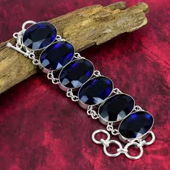 Ювелирные изделия с граненым синим сапфиром, созданные в лаборатории, драгоценный камень ручной работы, ювелирные изделия из стерлингового серебра 925 пробы, новые ювелирные изделия, регулируемый браслет-цепочка для свадебного подарка 8 Inches With Adjust