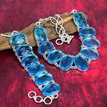 Ювелирные изделия с граненым синим топазом, комплект ювелирных изделий из стерлингового серебра 925 пробы, красивое ожерелье и браслет из драгоценных камней для нее, украшения с топазом ручной работы для любви Adjustable With 8 -18 ` синий