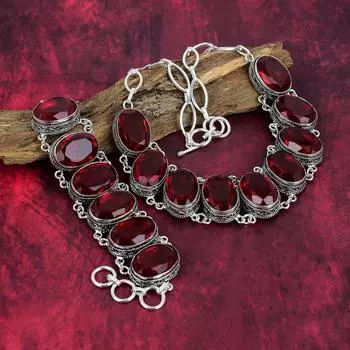 Ювелирные изделия с красным гранатом, ювелирные изделия ручной работы из стерлингового серебра 925 пробы, уникальный комплект ювелирных изделий для женщин с браслетом и ожерельем Adjustable With 8 -18 красный