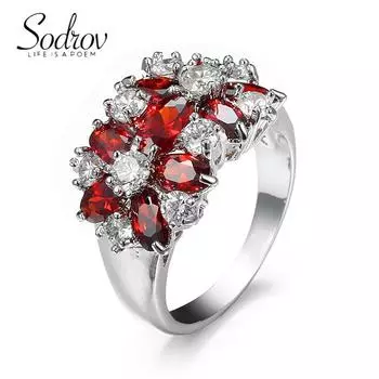 Ювелирные изделия с кристаллами SODROV, красные, синие, зеленые, фиолетовые кольца с цветком циркона для женщин 6 красный