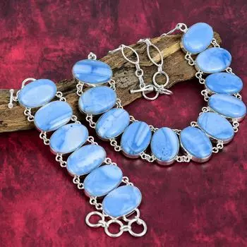 Ювелирные изделия с опалом Owyhee, комплект ювелирных изделий из стерлингового серебра 925 пробы и комплект ювелирных изделий из ожерелья и браслета, комплект антикварных ювелирных изделий ручной работы, подарок на помолвку Adjustable With 8 -18 синий