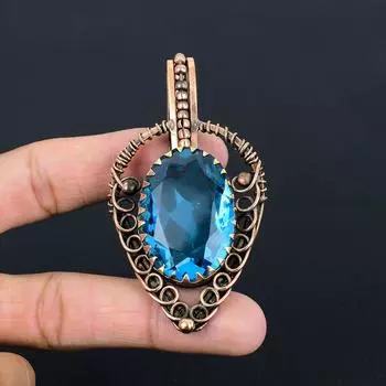 Ювелирные изделия с подвеской из чистой медной проволоки ручной работы из драгоценного камня синего топаза на День памяти 3.27 Inches синий