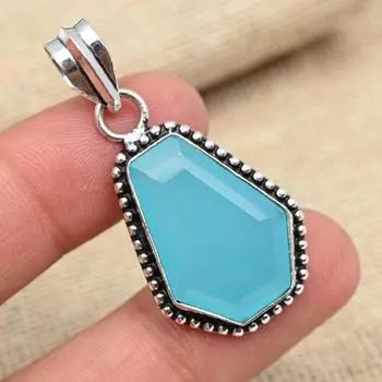 Ювелирные изделия с подвеской ко Дню памяти из стерлингового серебра 925 пробы ручной работы с синим халцедоном и драгоценным камнем 1.77 Inches синий