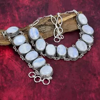 Ювелирные изделия с радужным лунным камнем, ювелирные изделия ручной работы из стерлингового серебра 925 пробы, уникальный комплект ювелирных изделий для женщин с браслетом и ожерельем Adjustable With 8 -18 белый