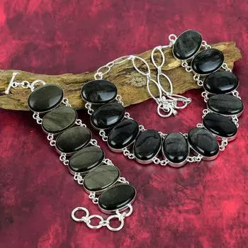 Ювелирные изделия с серебряным блеском и обсидианом, комплект ювелирных изделий из браслета и ожерелья из стерлингового серебра 925 пробы для нее, великолепный комплект украшений ручной работы для любви Adjustable With 8 -18 золотистый
