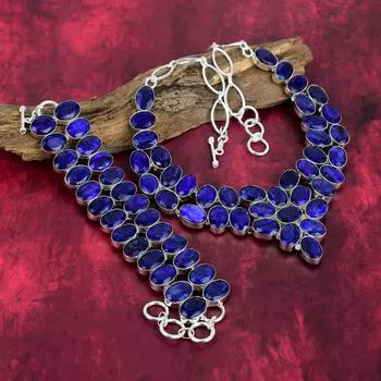 Ювелирные изделия с синим сапфиром, ювелирные изделия ручной работы из цельного серебра 925 пробы, потрясающий комплект ожерелья и браслета для свадебного подарка Adjustable With 8 -18 синий