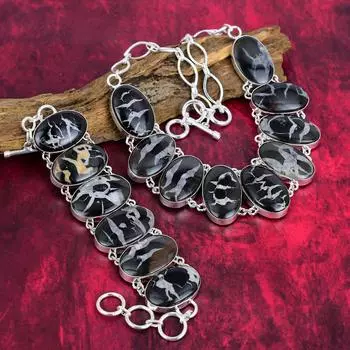 Ювелирные изделия Septarian Fossil, браслет и ожерелье из чистого серебра 925 пробы, красивые ювелирные изделия ручной работы, подарок на годовщину Adjustable With 8 -18 чёрный