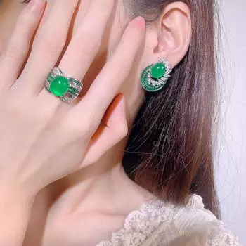Ювелирные изделия Серьги-иглы из чистого серебра 925 пробы Кольцо с имитацией зеленого халцедона Комплект из двух предметов для женщин Зеленый нано
