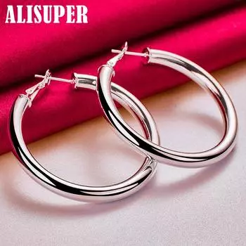 Ювелирные изделия: серьги-кольца из стерлингового серебра 925 пробы, круглые, гладкие, большие, диаметром 50 мм