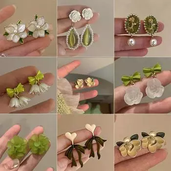 Ювелирные изделия Серьги с бантом из сплава Свежие зеленые серьги Симпатичные цирконовые цветочные жемчужные клипсы