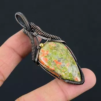 Ювелирные изделия шкентеля чистой медной проволоки Unakite Gemstone обернутые Handmade для подарка 2.95 Inches зелёный