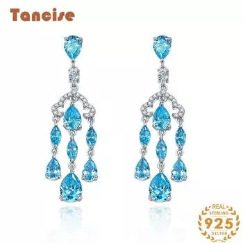 Ювелирные изделия Tancious Серьги серии Sea Blue Charm полностью инкрустированы высокоуглеродистыми бриллиантами 6 * 8 Серьги-капли воды Серебро 925 пробы синий