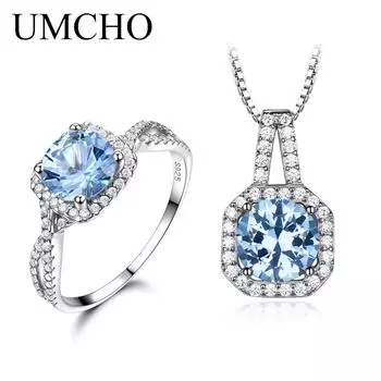 Ювелирные изделия UMCHO из стерлингового серебра 925 пробы, круглый набор с небесно-голубым топазом 5 небесно-голубой