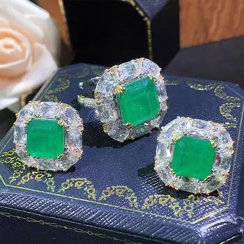 Ювелирные изделия Винтажный комплект Изумруд Цирконий Квадратные серьги Премиум Темперамент Серьги Серьги-гвоздики