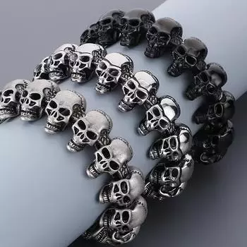 Ювелирные изделия в стиле готический панк, полный череп, звено на голове, мужской браслет-цепочка для мужчин, черный, старый серебряный цвет, мужские браслеты из нержавеющей стали, крутые 19CM серебряный