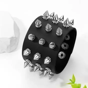 Ювелирные изделия в стиле панк, широкий кожаный браслет ручной работы чёрный