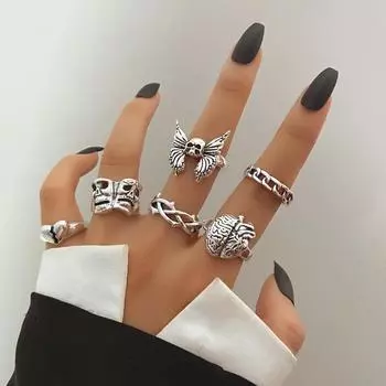 Ювелирные изделия в виде сердца, черепа, кольца для лица, набор из 6 предметов серебряный