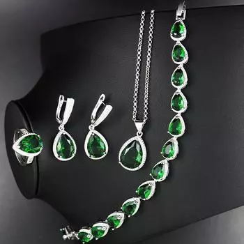 Ювелирные изделия Water Drop Jewelry Цирконий Ожерелье Серьги Кольцо Браслет Комплект из четырех украшений Size 8 Ring зелёный