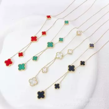 Ювелирные изделия во французском стиле, свежее ожерелье с кисточками и четырьмя листами клевера, с простыми двусторонними цветами из четырех листьев Adjustable size красный