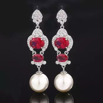 Ювелирные изделия высокого класса серьги, инкрустированные искусственным красным корундом, серьги-гвоздики, имитация натурального жемчуга, серьги-иглами из серебра