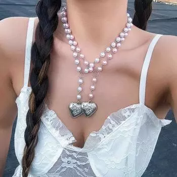 Ювелирные изделия Y2k, эстетическое летнее ожерелье, металлический кулон с большим сердцем, розовый, белый жемчуг, цепочка, модный подарок для вечеринки, Femme 2023