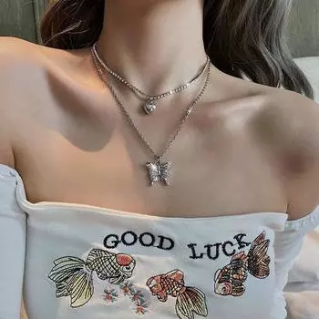Ювелирные изделия Женское ожерелье Любовь Бабочка Ожерелье Женские аксессуары Ключичная цепочка Двойной хип-хоп серебряный