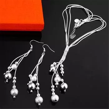 Ювелирные наборы из стерлингового серебра 925 пробы для женщин, 18 дюймов, бусины с бахромой, ожерелье, серьги, модные вечерние, свадебные, рождественские подарки 45CM 18 inches