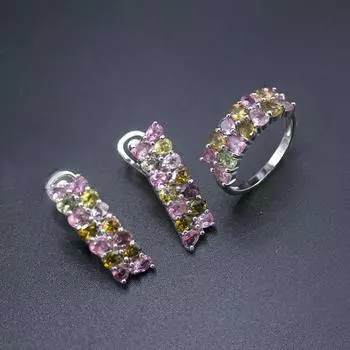 Ювелирные наборы с турмалином натурального цвета, стерлинговое серебро 925 пробы, серьги с застежкой, кольцо, наборы драгоценных камней 12,6 карата, подарок для женщин us ring size 7# розовый/коричневый