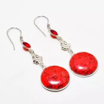 Ювелирные серьги 2,65 дюйма с красной бирюзой и гранатом 925 пробы, посеребренные