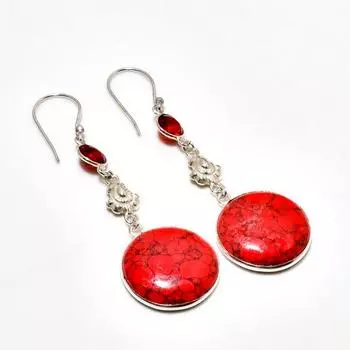 Ювелирные серьги 2,65 дюйма с красной бирюзой и гранатом 925 пробы, посеребренные