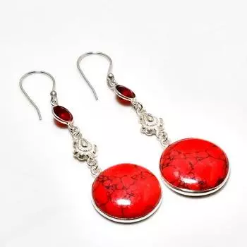 Ювелирные серьги 2,65 дюйма с красной бирюзой и гранатом 925 пробы, посеребренные