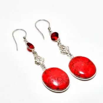 Ювелирные серьги 2,65 дюйма с красной бирюзой и гранатом 925 пробы, посеребренные