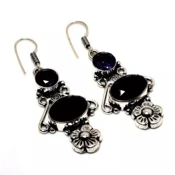 Ювелирные серьги 925 пробы с черной шпинелью и аметистом, покрытые серебром, 2,08 дюйма
