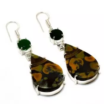 Ювелирные серьги из бамбуковой яшмы, зеленого оникса 925 пробы с посеребренным покрытием, 2,27 дюйма