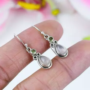 Ювелирные серьги из чистого серебра 925 пробы с натуральным розовым кварцем и перидотом 1,25 дюйма J1V59