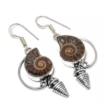Ювелирные серьги из серебра 925 пробы с ископаемым камнем аммонитом 1,97 дюйма B8a97
