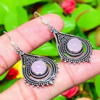 Ювелирные серьги из серебра 925 пробы с розовым кварцем, ручная работа, 2,13 дюйма, d2k64