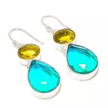 Ювелирные серьги из стерлингового серебра 925 пробы с турмалином индиколитом и цитрином 1,62 дюйма Q4r81 синий