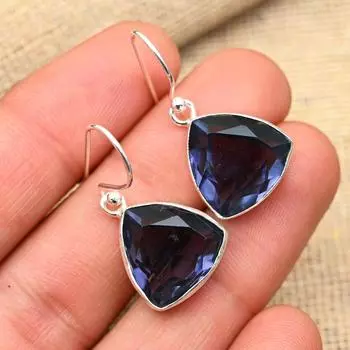 Ювелирные серьги из стерлингового серебра 925 пробы с драгоценным камнем иолит ручной работы для нее 1.4 Inches фиолетовый