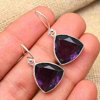 Ювелирные серьги из стерлингового серебра 925 пробы с аметистом ручной работы для свадебного подарка 1.4 Inches фиолетовый
